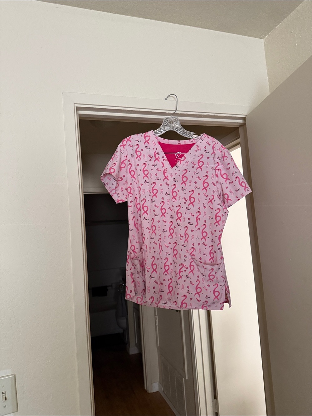 Women’s Breast Cancer Flamingo Pink Ribbon Print V-Neck Scrub Top